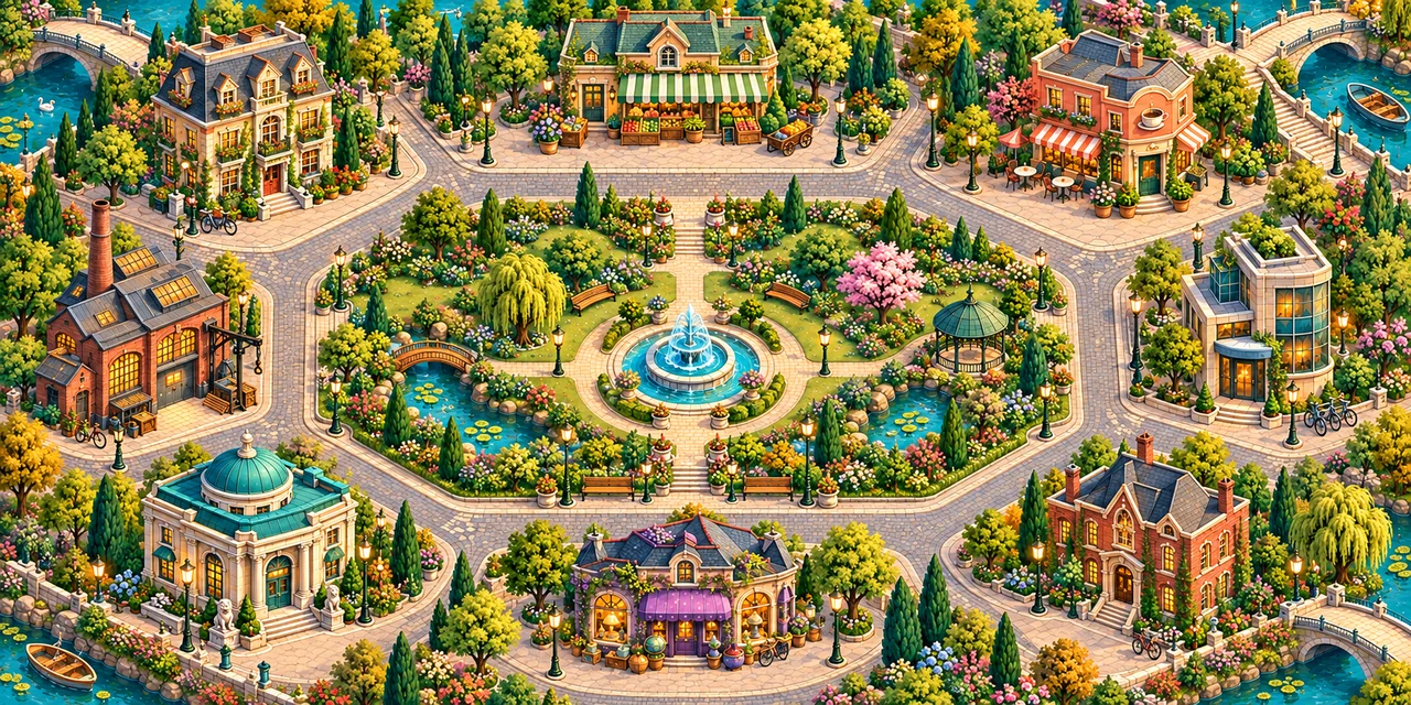 An illustrated city with shops, a college, a bank and a fountain